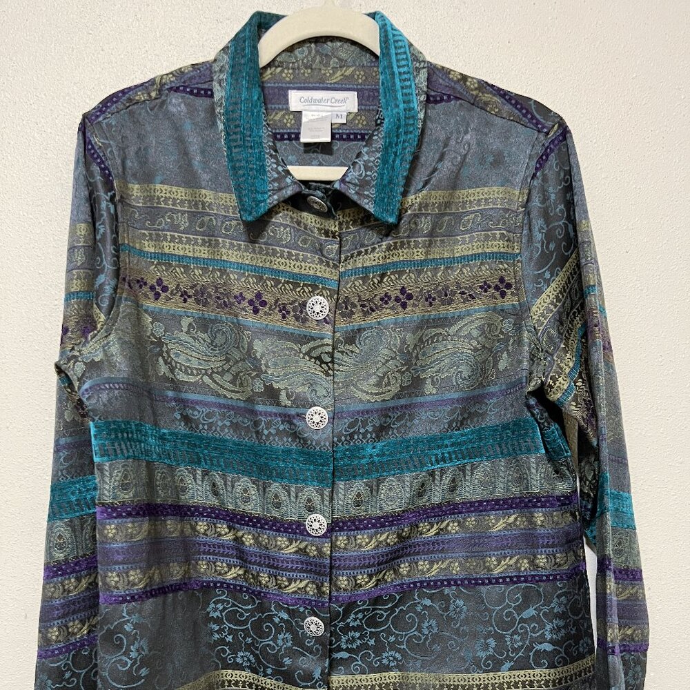 Ornate fabric Coldwater Creek jacket, teal tapestry fabric, size:  M